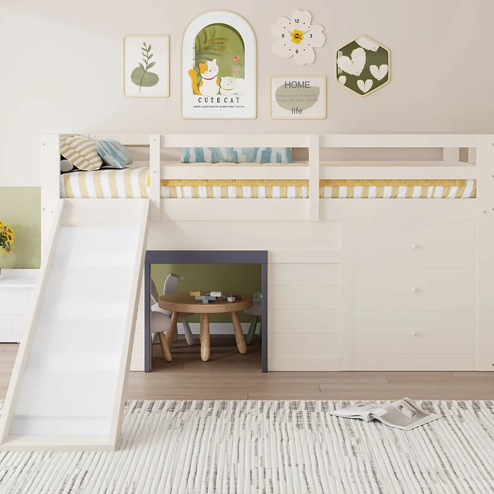 Lit mezzanine 90x200 cm - Lit avec rangement et toboggan - MDF et Pin - Sans matelas - Crème>Okwish Outlet