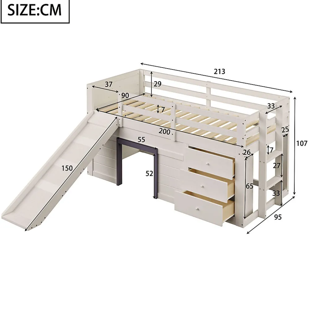 Lit mezzanine 90x200 cm - Lit avec rangement et toboggan - MDF et Pin - Sans matelas - Crème>Okwish Outlet