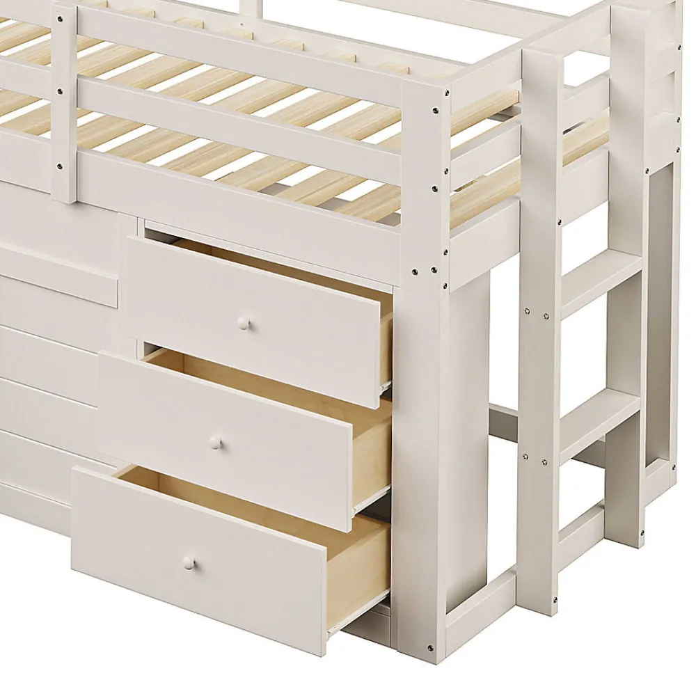 Lit mezzanine 90x200 cm - Lit avec rangement et toboggan - MDF et Pin - Sans matelas - Crème>Okwish Outlet