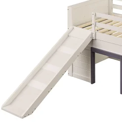 Lit mezzanine 90x200 cm - Lit avec rangement et toboggan - MDF et Pin - Sans matelas - Crème><noscript><img width=