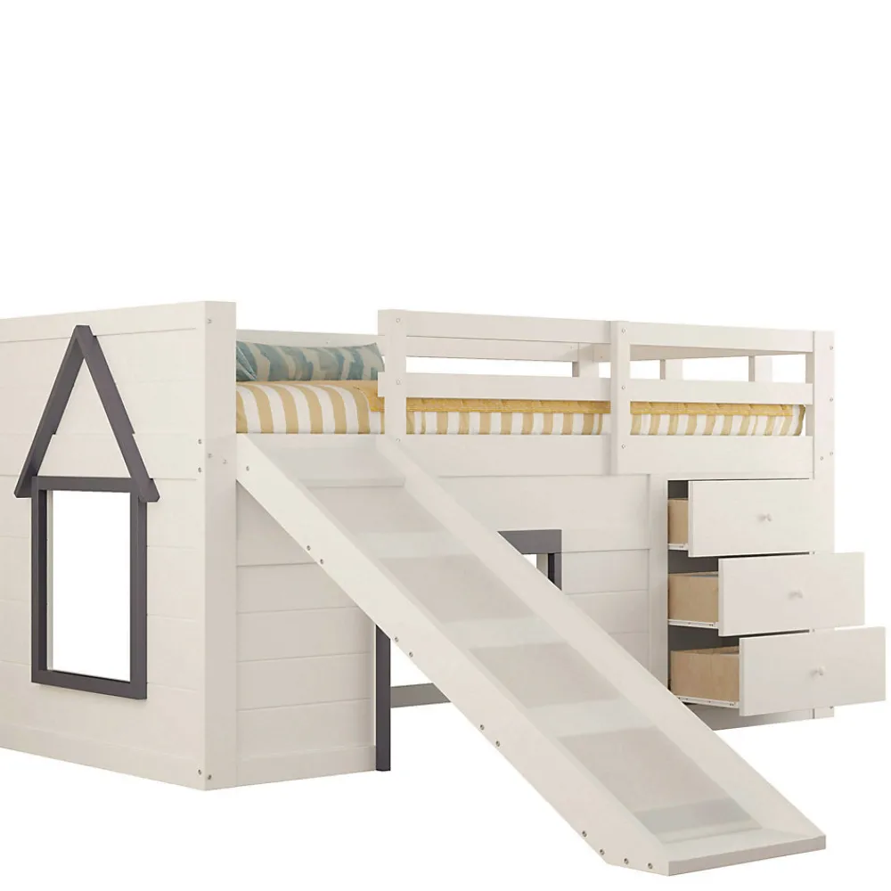 Lit mezzanine 90x200 cm - Lit avec rangement et toboggan - MDF et Pin - Sans matelas - Crème>Okwish Outlet