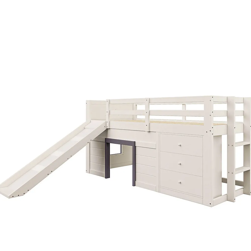 Lit mezzanine 90x200 cm - Lit avec rangement et toboggan - MDF et Pin - Sans matelas - Crème>Okwish Outlet