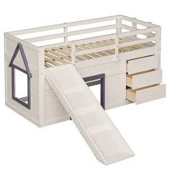 Lit mezzanine 90x200 cm - Lit avec rangement et toboggan - MDF et Pin - Sans matelas - Crème><noscript><img width=