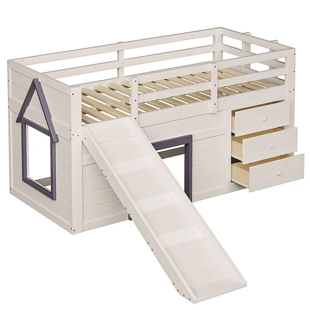 Lit mezzanine 90x200 cm - Lit avec rangement et toboggan - MDF et Pin - Sans matelas - Crème>Okwish Outlet