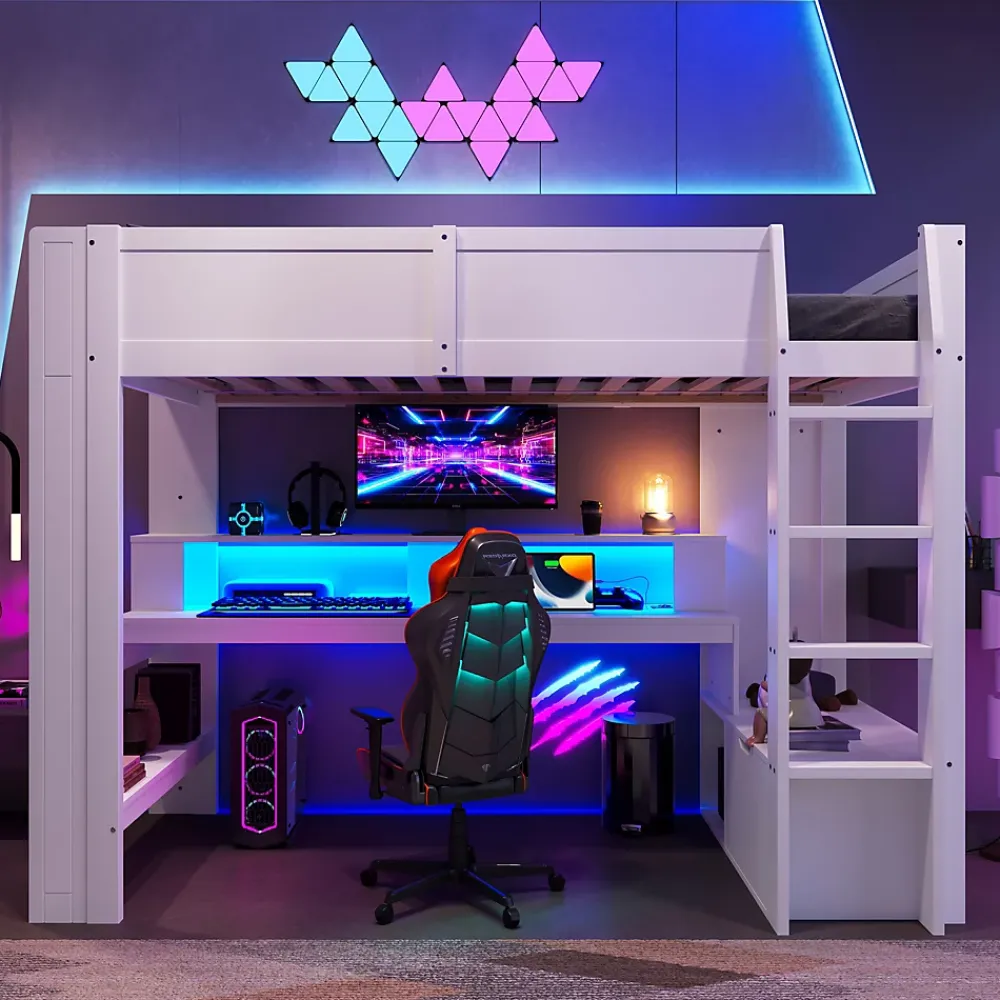 Okwish Lit mezzanine 90x200 cm - Lit avec bureau intégré et LED 16 s - Pin et MDF - Sans matelas - Blanc* Lit Mezzanine