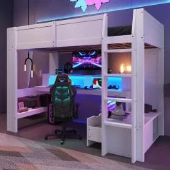 Okwish Lit mezzanine 90x200 cm - Lit avec bureau intégré et LED 16 s - Pin et MDF - Sans matelas - Blanc* Lit Mezzanine