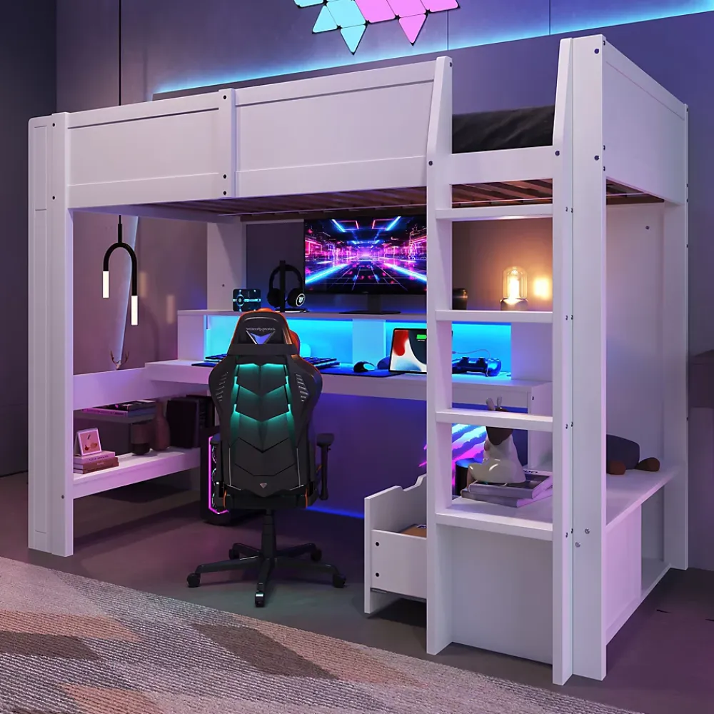 Okwish Lit mezzanine 90x200 cm - Lit avec bureau intégré et LED 16 s - Pin et MDF - Sans matelas - Blanc* Lit Mezzanine