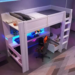 Okwish Lit mezzanine 90x200 cm - Lit avec bureau intégré et LED 16 s - Pin et MDF - Sans matelas - Blanc* Lit Mezzanine