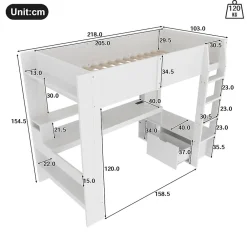 Okwish Lit mezzanine 90x200 cm - Lit avec bureau intégré et LED 16 s - Pin et MDF - Sans matelas - Blanc* Lit Mezzanine