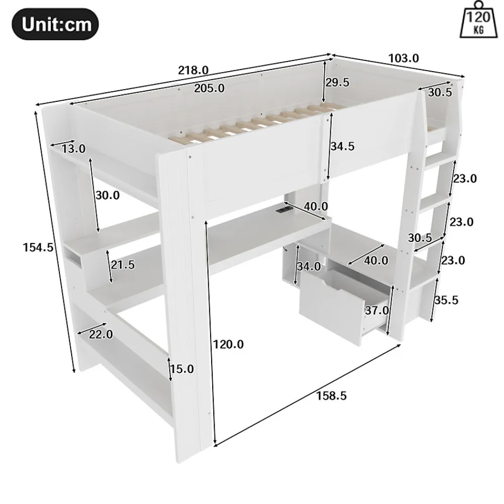 Okwish Lit mezzanine 90x200 cm - Lit avec bureau intégré et LED 16 s - Pin et MDF - Sans matelas - Blanc* Lit Mezzanine