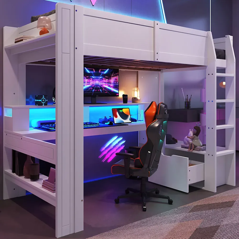 Okwish Lit mezzanine 90x200 cm - Lit avec bureau intégré et LED 16 s - Pin et MDF - Sans matelas - Blanc* Lit Mezzanine