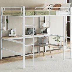 Lit mezzanine 140x200 cm - Lit avec bureau et étagères - Métal + MDF - Sans matelas - Blanc>Generique Online