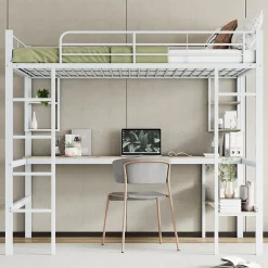Lit mezzanine 140x200 cm - Lit avec bureau et étagères - Métal + MDF - Sans matelas - Blanc><noscript><img width=