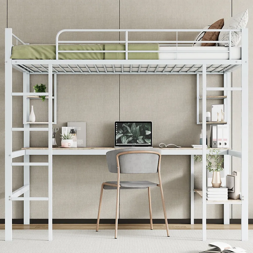 Lit mezzanine 140x200 cm - Lit avec bureau et étagères - Métal + MDF - Sans matelas - Blanc>Generique Online