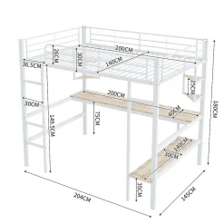 Lit mezzanine 140x200 cm - Lit avec bureau et étagères - Métal + MDF - Sans matelas - Blanc><noscript><img width=