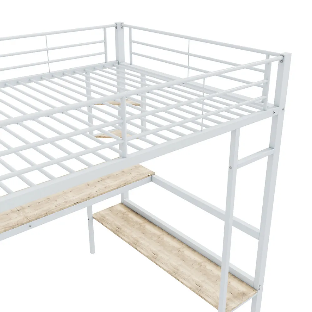 Lit mezzanine 140x200 cm - Lit avec bureau et étagères - Métal + MDF - Sans matelas - Blanc>Generique Online