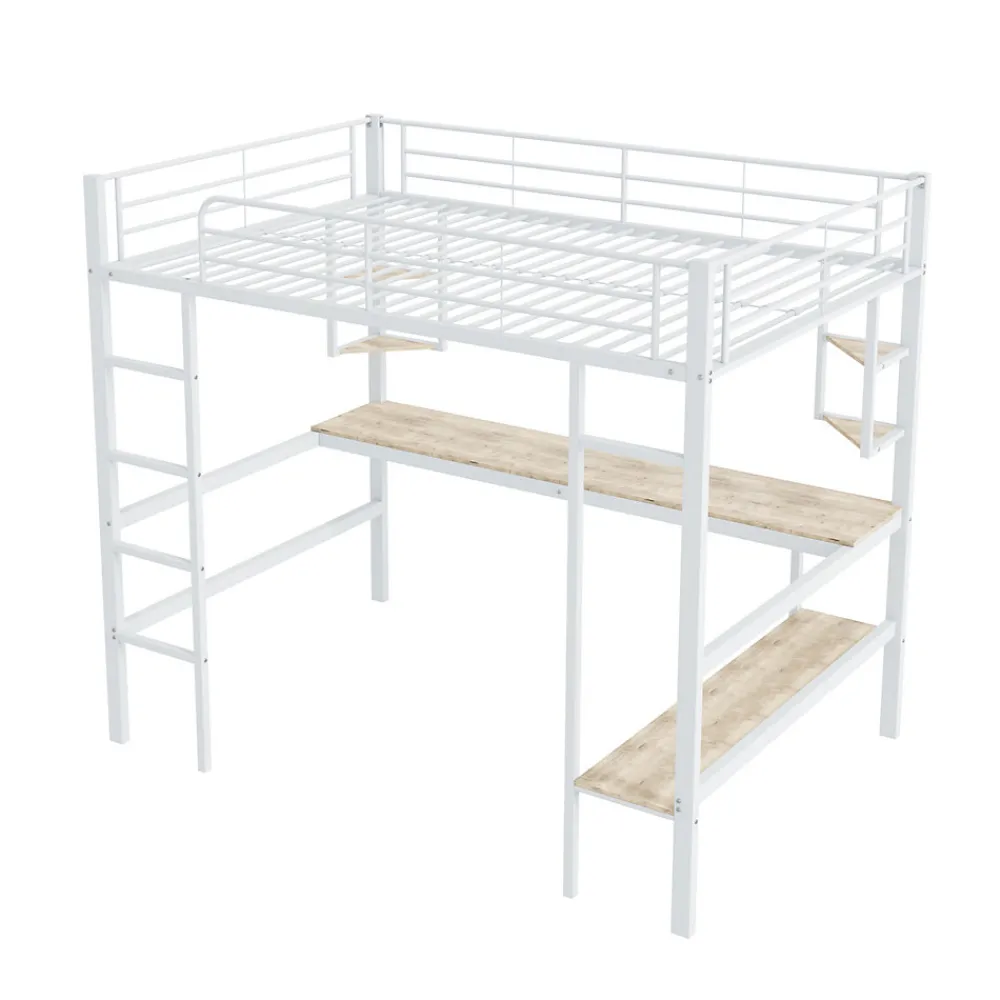 Lit mezzanine 140x200 cm - Lit avec bureau et étagères - Métal + MDF - Sans matelas - Blanc>Generique Online