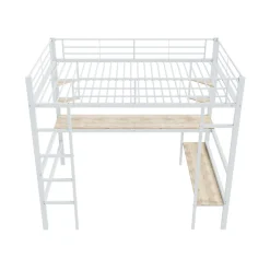 Lit mezzanine 140x200 cm - Lit avec bureau et étagères - Métal + MDF - Sans matelas - Blanc><noscript><img width=