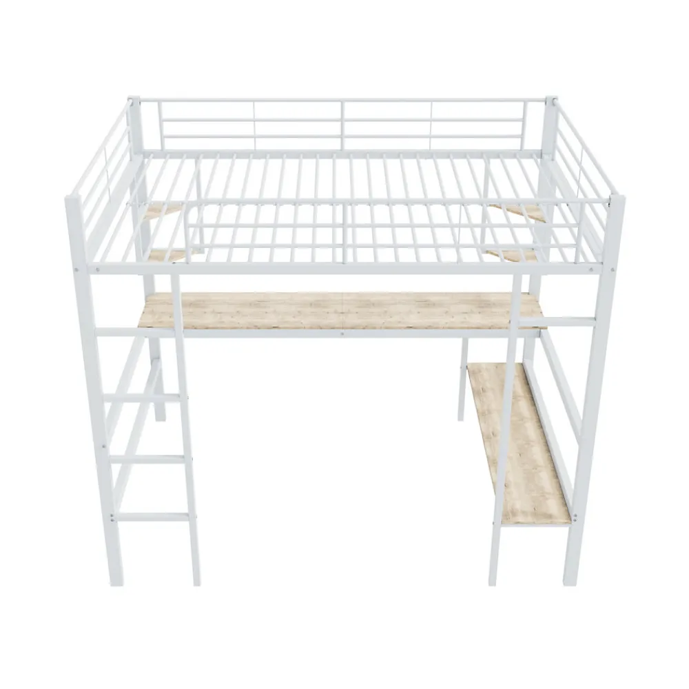 Lit mezzanine 140x200 cm - Lit avec bureau et étagères - Métal + MDF - Sans matelas - Blanc>Generique Online