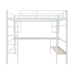 Lit mezzanine 140x200 cm - Lit avec bureau et étagères - Métal + MDF - Sans matelas - Blanc><noscript><img width=