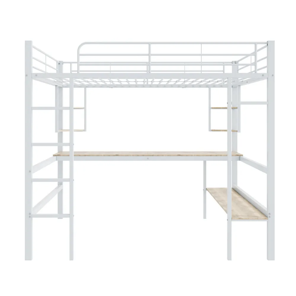 Lit mezzanine 140x200 cm - Lit avec bureau et étagères - Métal + MDF - Sans matelas - Blanc>Generique Online