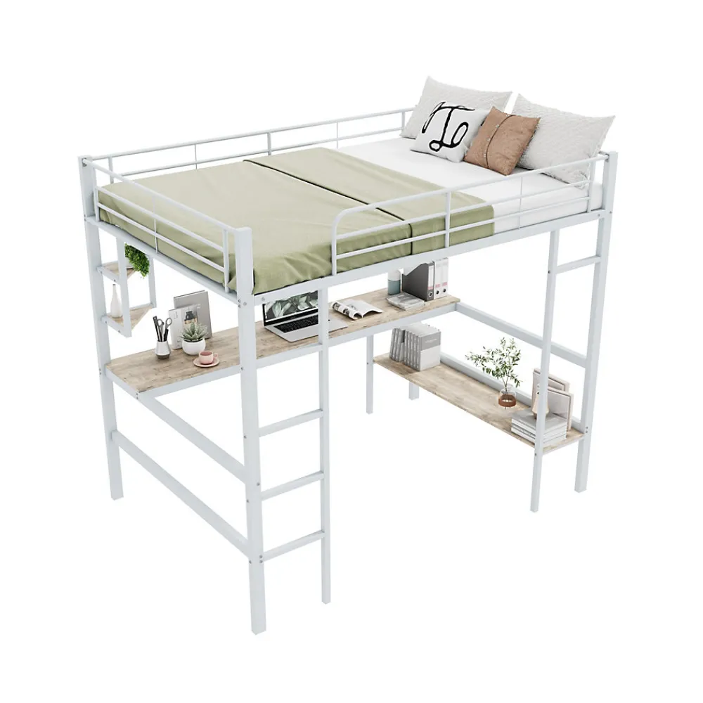 Lit mezzanine 140x200 cm - Lit avec bureau et étagères - Métal + MDF - Sans matelas - Blanc>Generique Online