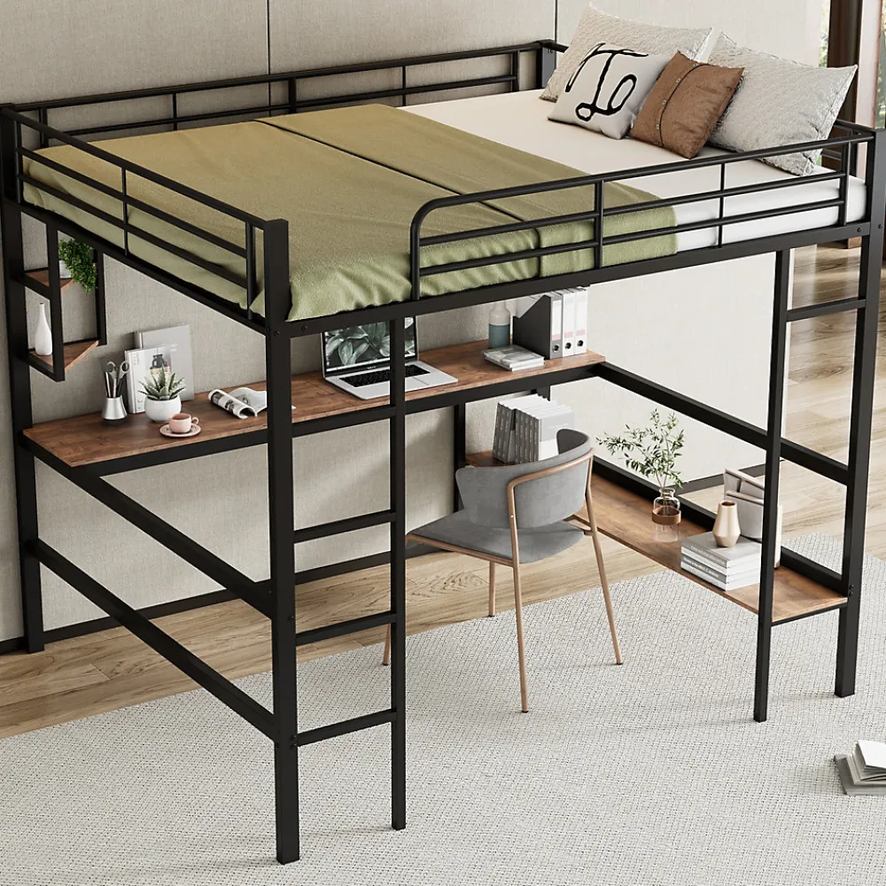 Lit mezzanine 140x200 cm - Lit avec bureau et étagères - Métal + MDF - Sans matelas - Noir>Generique Online