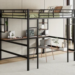 Lit mezzanine 140x200 cm - Lit avec bureau et étagères - Métal + MDF - Sans matelas - Noir>Generique Online
