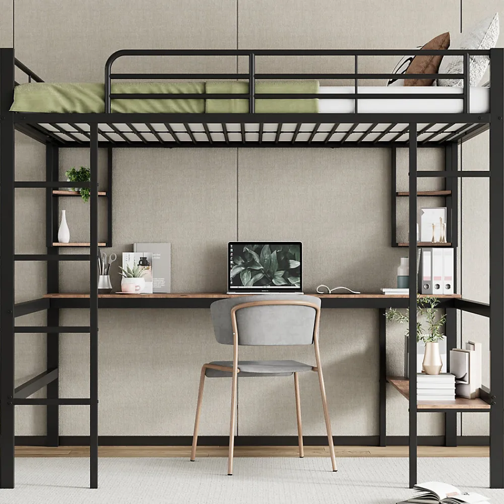 Lit mezzanine 140x200 cm - Lit avec bureau et étagères - Métal + MDF - Sans matelas - Noir>Generique Online