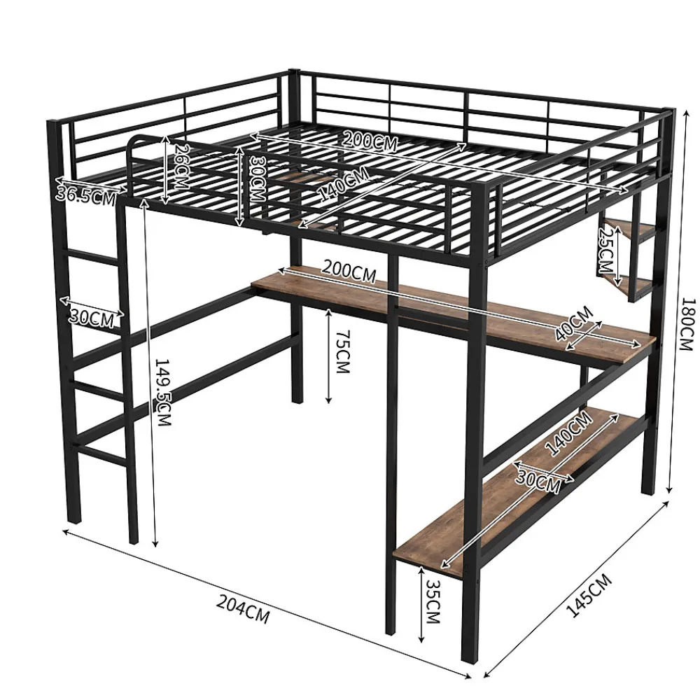 Lit mezzanine 140x200 cm - Lit avec bureau et étagères - Métal + MDF - Sans matelas - Noir>Generique Online