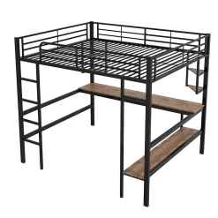 Lit mezzanine 140x200 cm - Lit avec bureau et étagères - Métal + MDF - Sans matelas - Noir><noscript><img width=