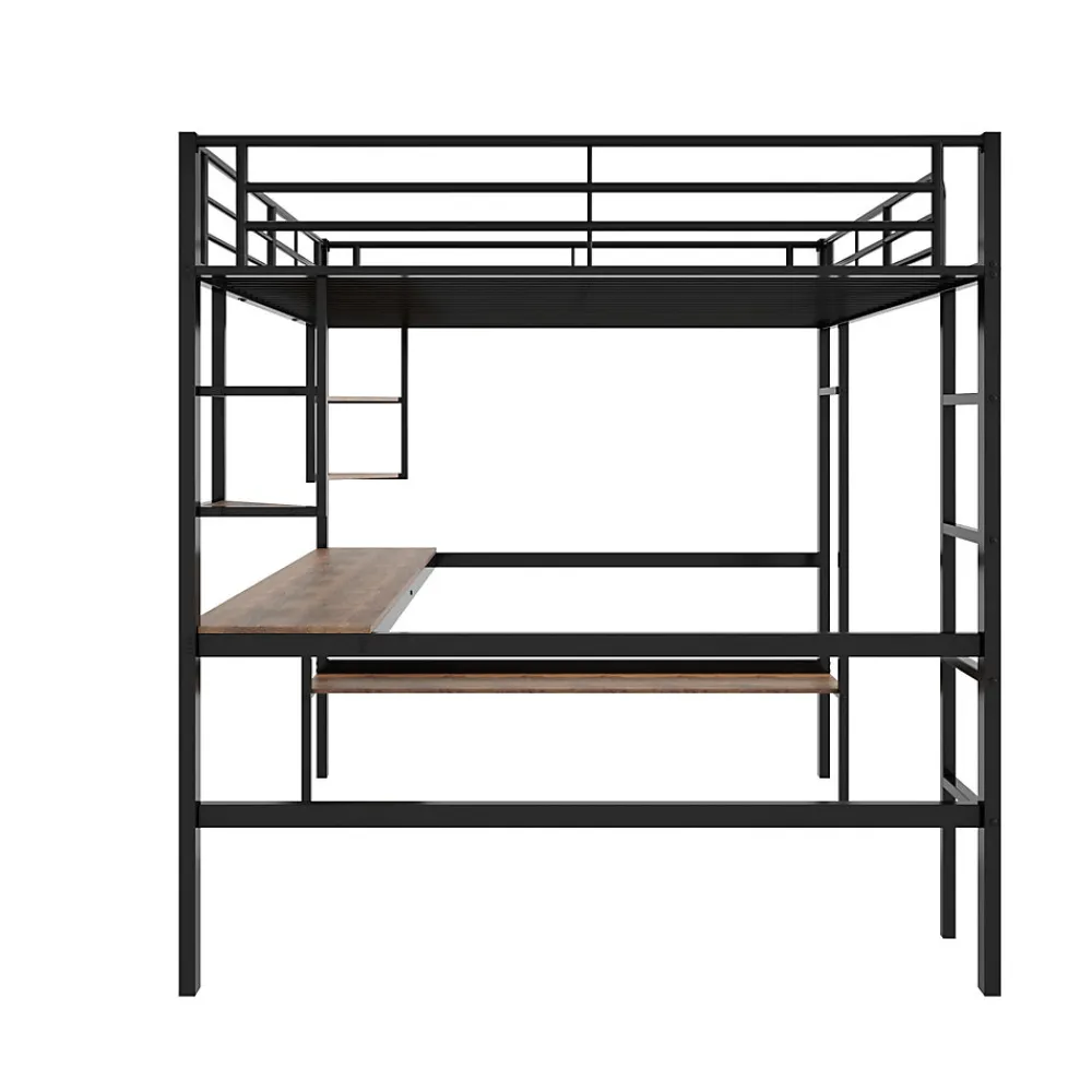Lit mezzanine 140x200 cm - Lit avec bureau et étagères - Métal + MDF - Sans matelas - Noir>Generique Online