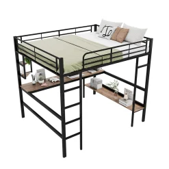 Lit mezzanine 140x200 cm - Lit avec bureau et étagères - Métal + MDF - Sans matelas - Noir><noscript><img width=