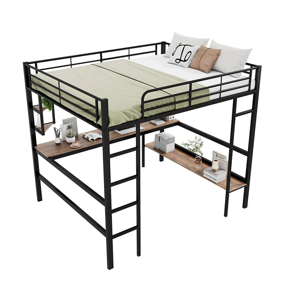 Lit mezzanine 140x200 cm - Lit avec bureau et étagères - Métal + MDF - Sans matelas - Noir>Generique Online
