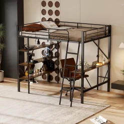 Okwish Lit mezzanine 90x200 cm - Lit avec bureau intégré - Structure métal - Sans matelas - Noir* Lit Mezzanine