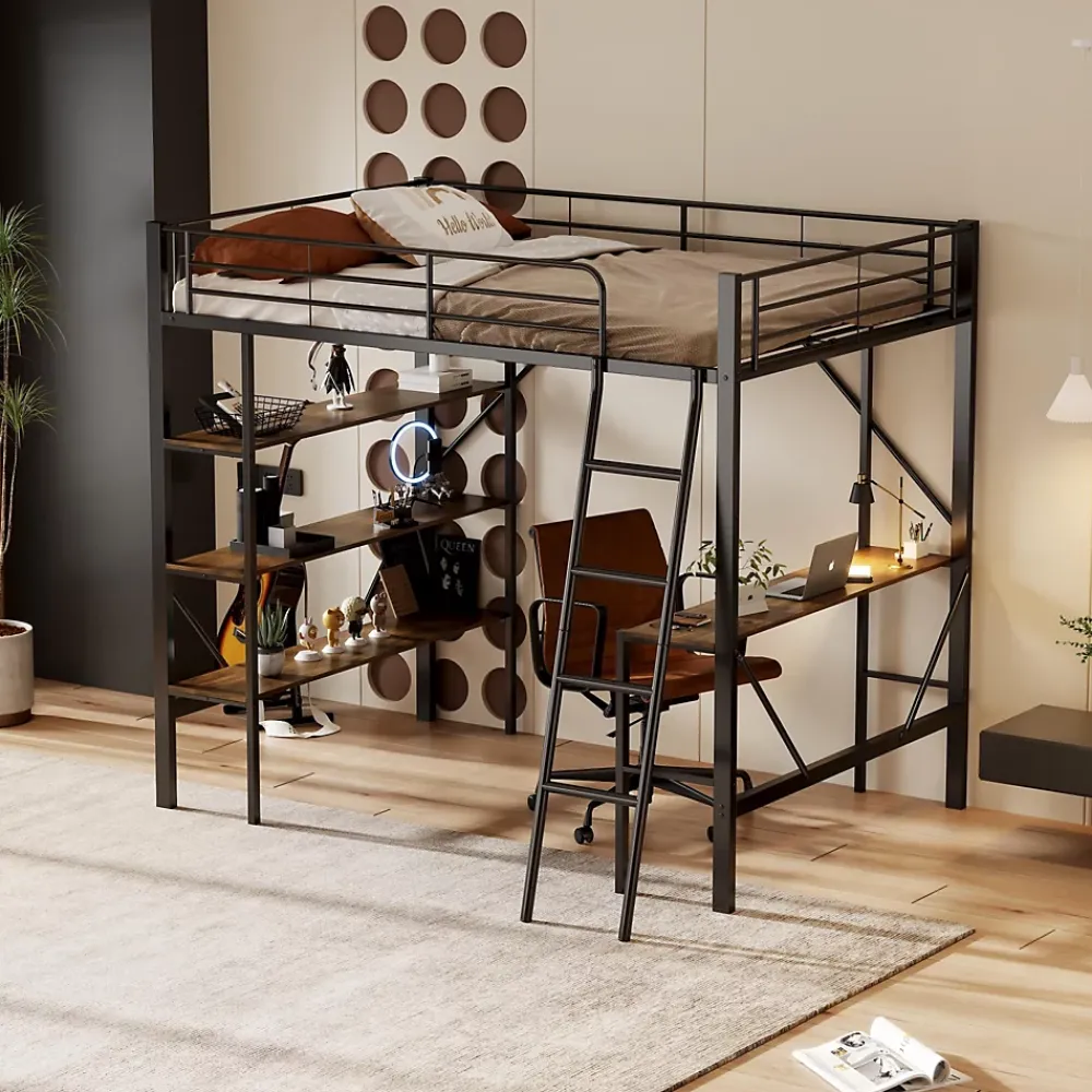 Okwish Lit mezzanine 90x200 cm - Lit avec bureau intégré - Structure métal - Sans matelas - Noir* Lit Mezzanine