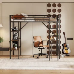 Okwish Lit mezzanine 90x200 cm - Lit avec bureau intégré - Structure métal - Sans matelas - Noir* Lit Mezzanine
