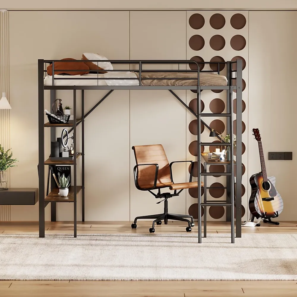 Okwish Lit mezzanine 90x200 cm - Lit avec bureau intégré - Structure métal - Sans matelas - Noir* Lit Mezzanine