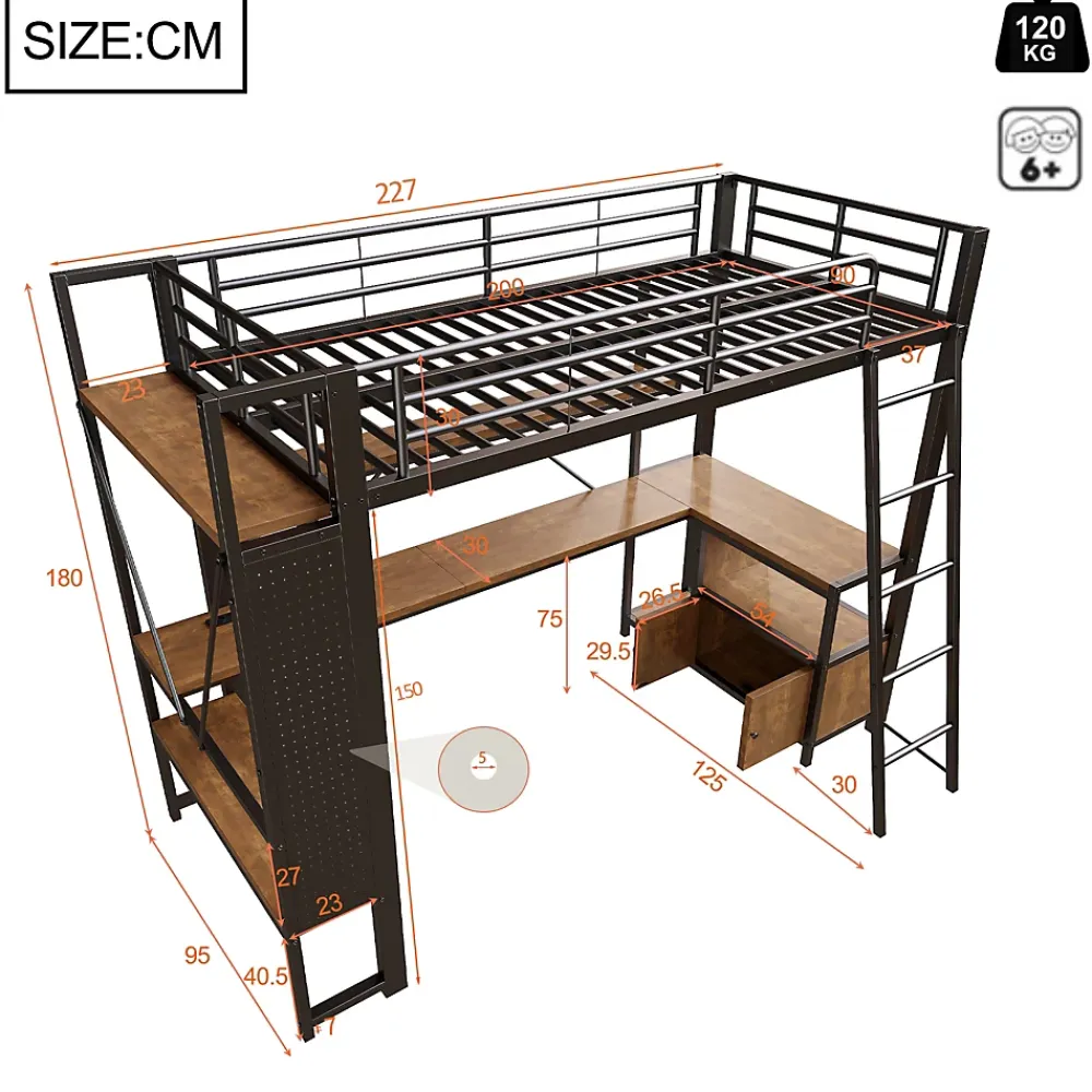 Okwish Lit Mezzanine 90x200 cm - Lit Ado avec Bureau Intégré, LED et Ports USB, Panneau Perforé et Rangement, Métal + MDF, Noir* Lit Mezzanine