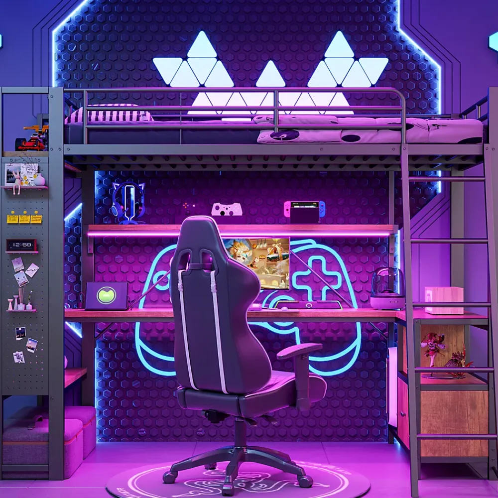 Okwish Lit Mezzanine 90x200 cm - Lit Ado avec Bureau Intégré, LED et Ports USB, Panneau Perforé et Rangement, Métal + MDF, Noir* Lit Mezzanine