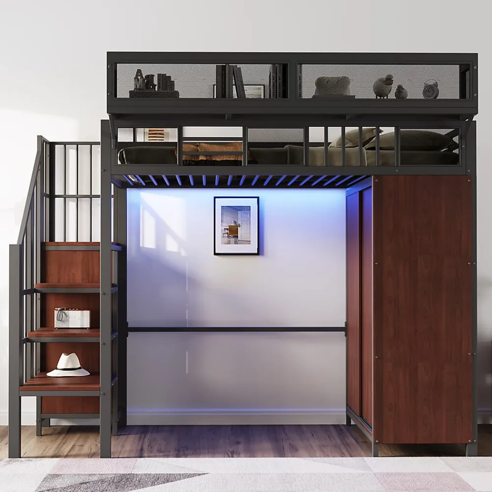 Okwish Lit Mezzanine 90x200 cm - Lit Ado avec Armoire et Éclairage LED, Garde-Corps en Filet - Sans Matelas - Métal et MDF - Noir* Lit Mezzanine