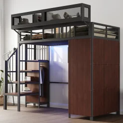 Okwish Lit Mezzanine 90x200 cm - Lit Ado avec Armoire et Éclairage LED, Garde-Corps en Filet - Sans Matelas - Métal et MDF - Noir* Lit Mezzanine