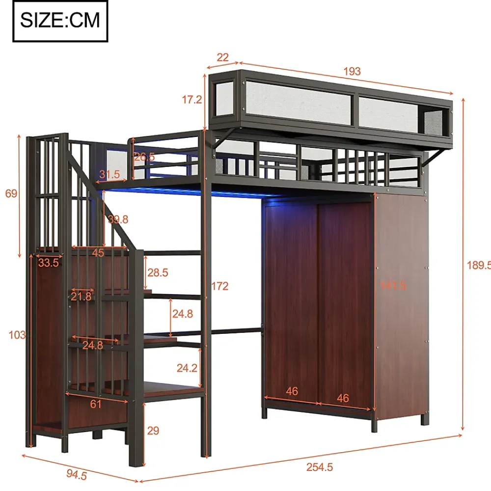 Okwish Lit Mezzanine 90x200 cm - Lit Ado avec Armoire et Éclairage LED, Garde-Corps en Filet - Sans Matelas - Métal et MDF - Noir* Lit Mezzanine