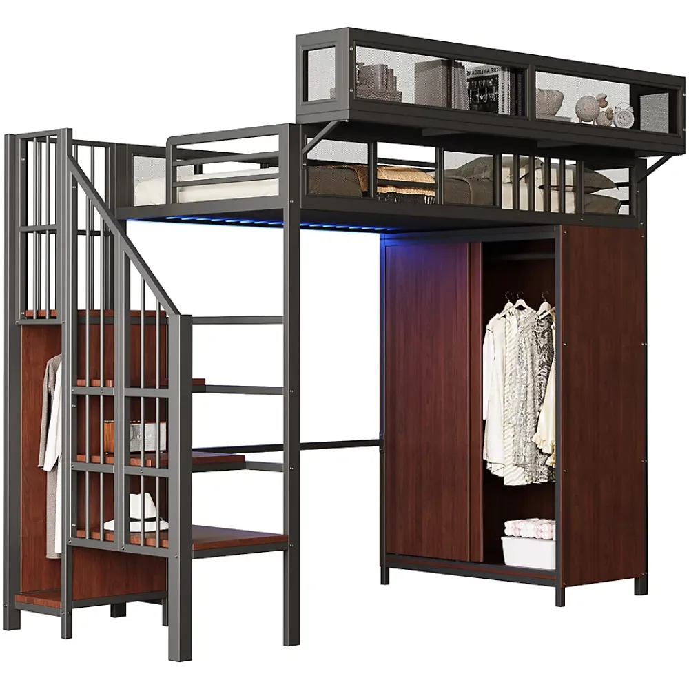 Okwish Lit Mezzanine 90x200 cm - Lit Ado avec Armoire et Éclairage LED, Garde-Corps en Filet - Sans Matelas - Métal et MDF - Noir* Lit Mezzanine