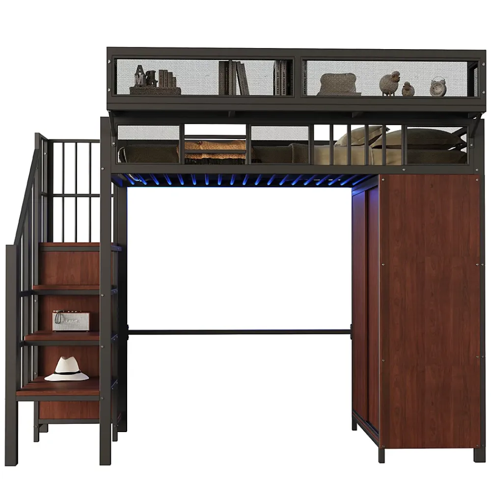 Okwish Lit Mezzanine 90x200 cm - Lit Ado avec Armoire et Éclairage LED, Garde-Corps en Filet - Sans Matelas - Métal et MDF - Noir* Lit Mezzanine