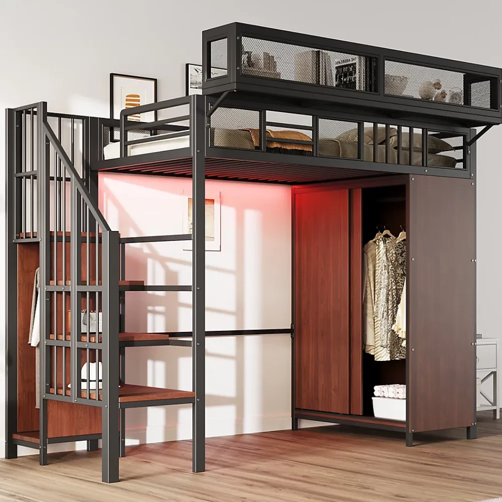 Okwish Lit Mezzanine 90x200 cm - Lit Ado avec Armoire et Éclairage LED, Garde-Corps en Filet - Sans Matelas - Métal et MDF - Noir* Lit Mezzanine
