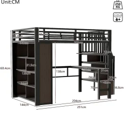 Lit Mezzanine 140x200 cm - Lit Ado avec Bureau Intégré, LED et Escalier de Rangement, Métal + MDF, Noir><noscript><img width=