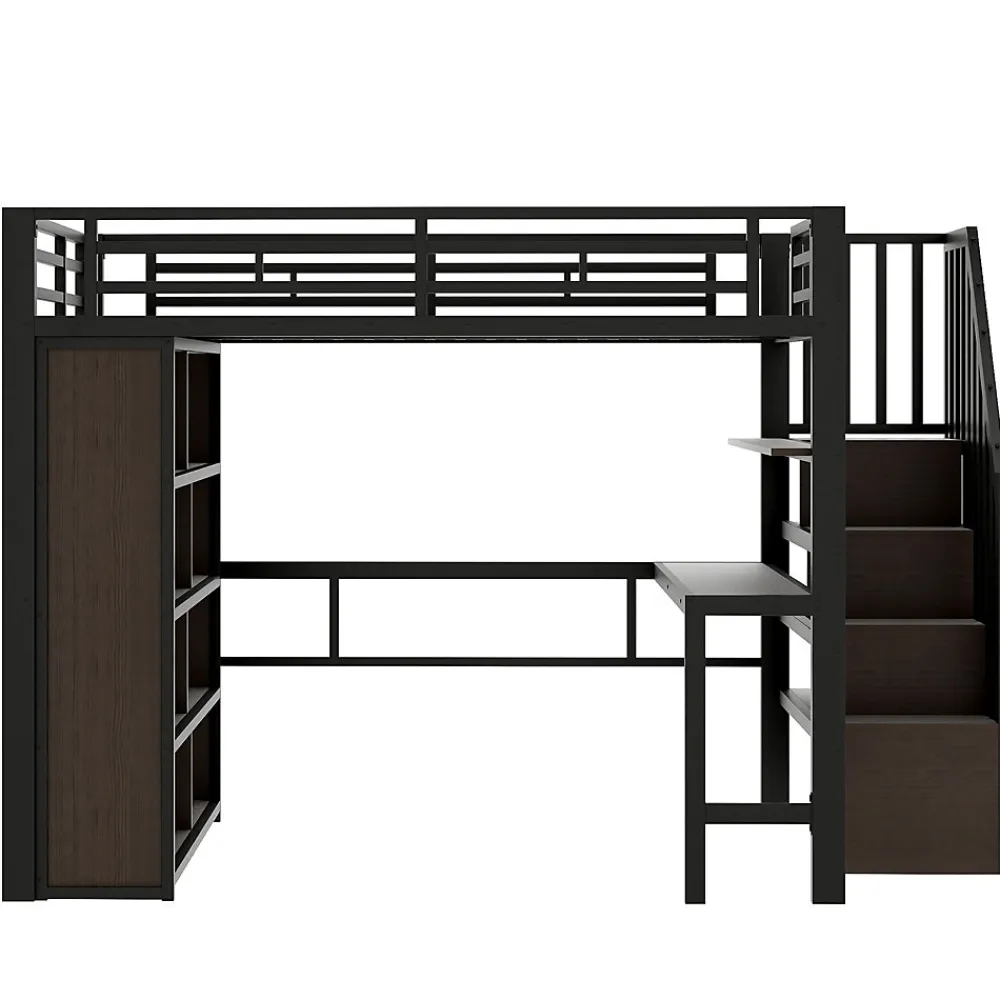 Lit Mezzanine 140x200 cm - Lit Ado avec Bureau Intégré, LED et Escalier de Rangement, Métal + MDF, Noir>Okwish New