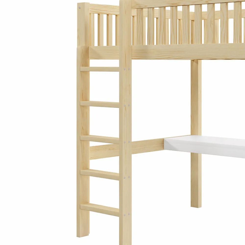 Lit Mezzanine 140x200 cm - Lit Ado avec Bureau Intégré, Armoire et 3 Tiroirs, Échelle et Garde-Corps, Bois Naturel - sans Matelas>Okwish Clearance