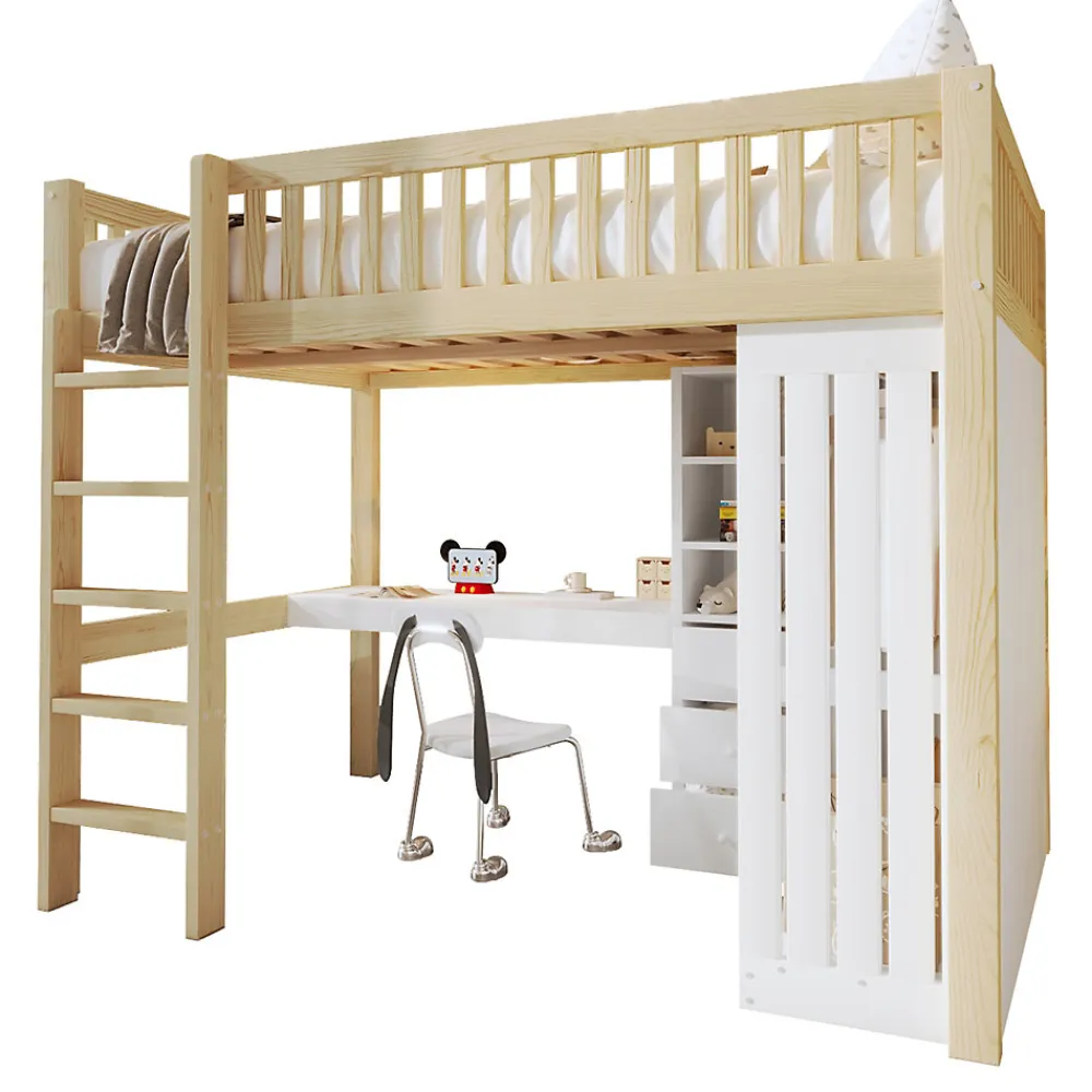 Lit Mezzanine 140x200 cm - Lit Ado avec Bureau Intégré, Armoire et 3 Tiroirs, Échelle et Garde-Corps, Bois Naturel - sans Matelas>Okwish Clearance